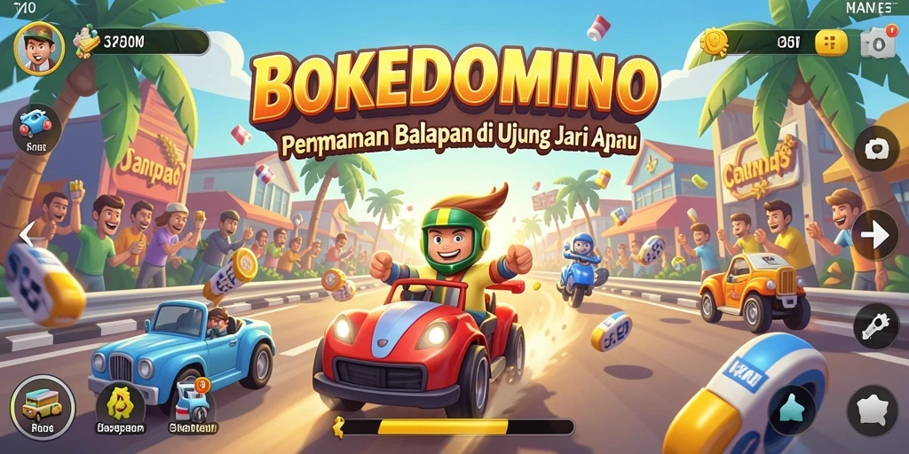 Gameplay BOKEDOMINO dengan balapan penuh aksi dan mobil cepat.