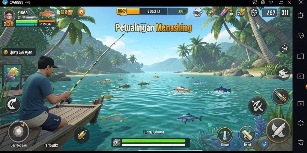 Screenshot gameplay CW8888 menampilkan pemain memancing di laut yang indah.