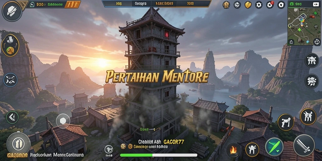Tampilan layar gameplay GACOR77 dengan menara dan musuh yang menyerang.