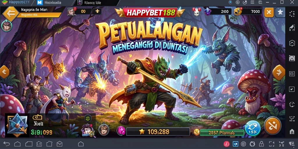 Tampilan layar permainan <strong>HAPPYBET188</strong> yang menampilkan petualangan seru di dunia fantasi.