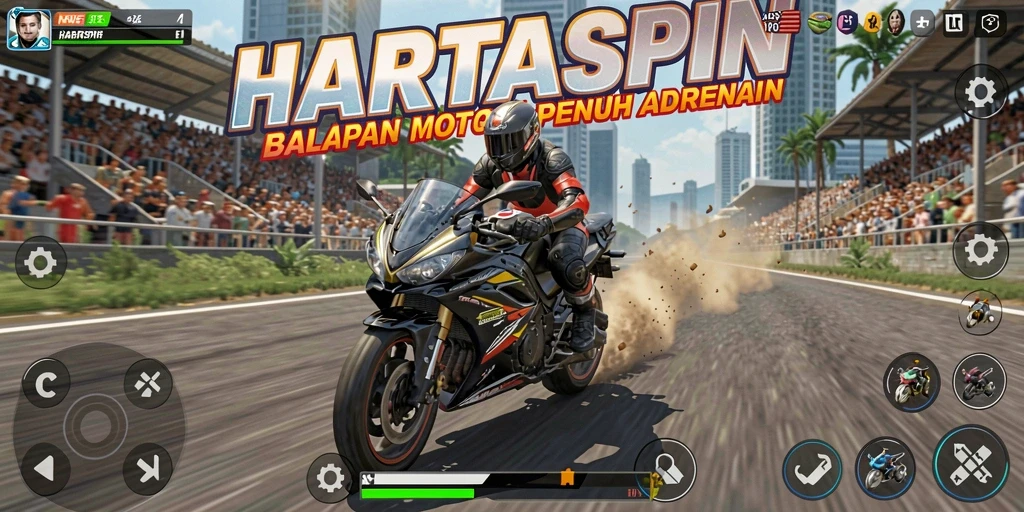 Tampilan gameplay HARTASPIN yang penuh aksi dan kecepatan.