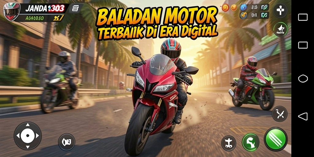 Screenshot gameplay JANDA303 menampilkan aksi balapan motor yang intens.
