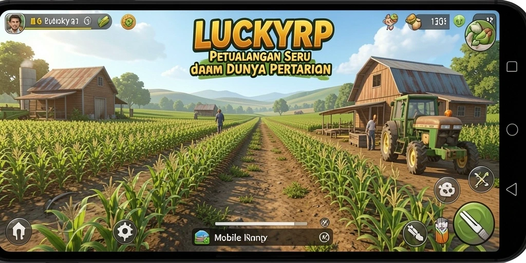 Tangkapan layar gameplay LUCKYRP menampilkan kebun yang subur dan hewan ternak.
