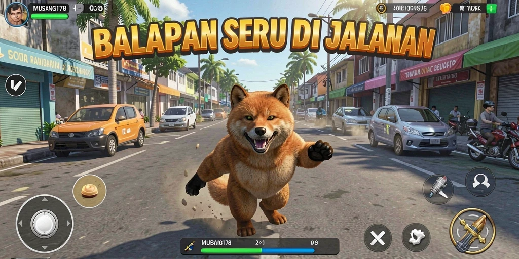 Screenshot utama MUSANG178 menampilkan balapan mendebarkan di lintasan kota.