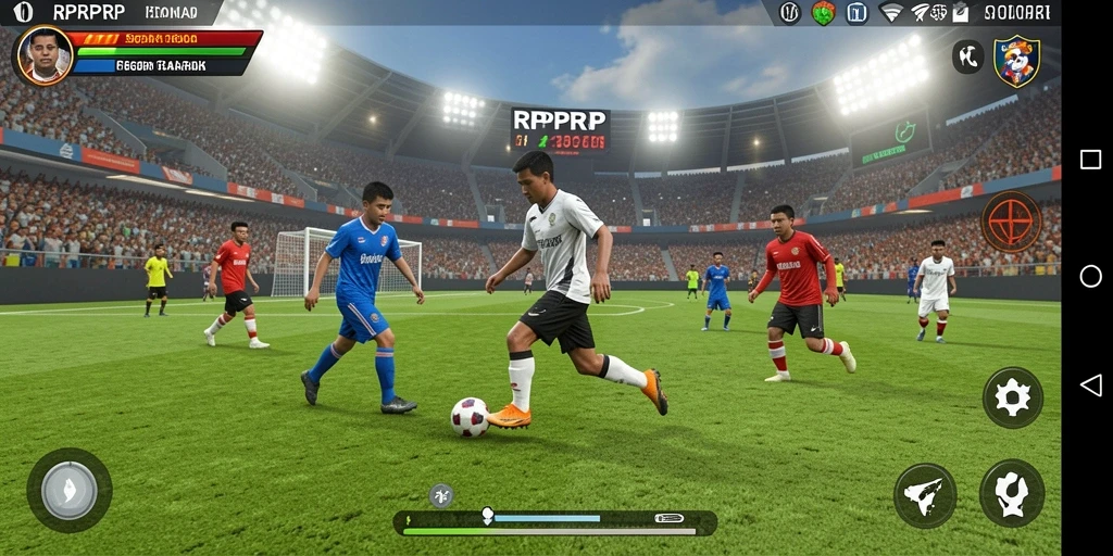 Screenshot gameplay RPRPRP menampilkan aksi seru di lapangan sepak bola.