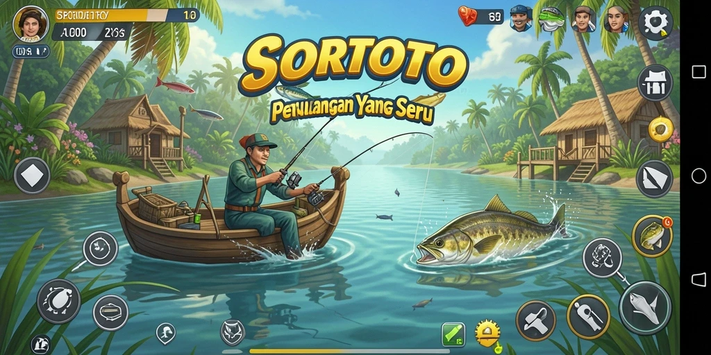 Tampilan gameplay SORTOTO yang menampilkan aksi seru memancing di lautan.